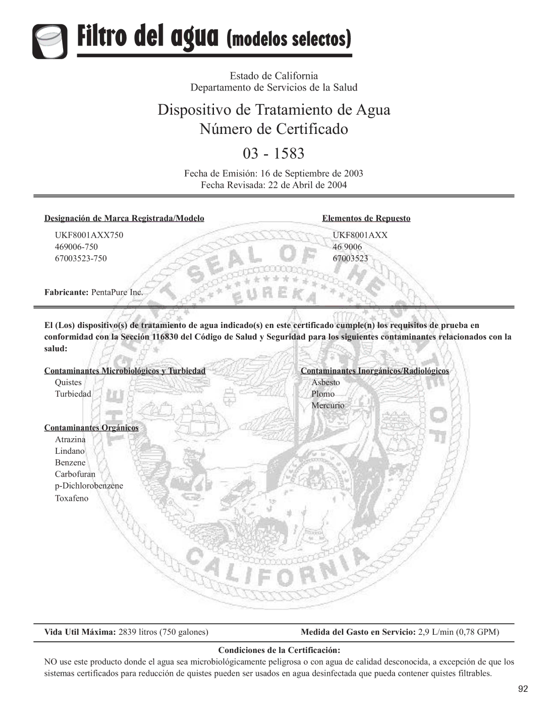 Amana ASD2328HES, ASD2328HEB, ASD2328HEQ, ASD2328HEW Dispositivo de Tratamiento de Agua Número de Certificado 