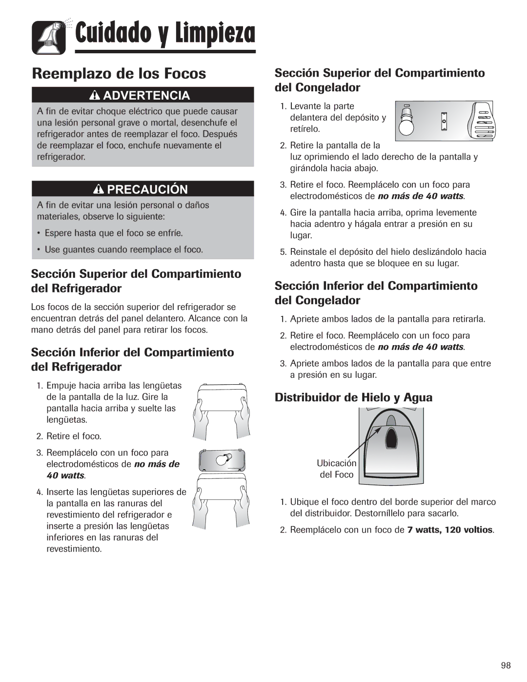 Amana ASD2328HEW, ASD2328HEB, ASD2328HES, ASD2328HEQ important safety instructions Reemplazo de los Focos 