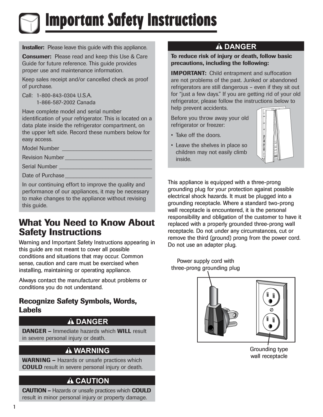 Amana ASD2328HEQ, ASD2328HEB Important Safety Instructions, What You Need to Know About Safety Instructions, Danger 
