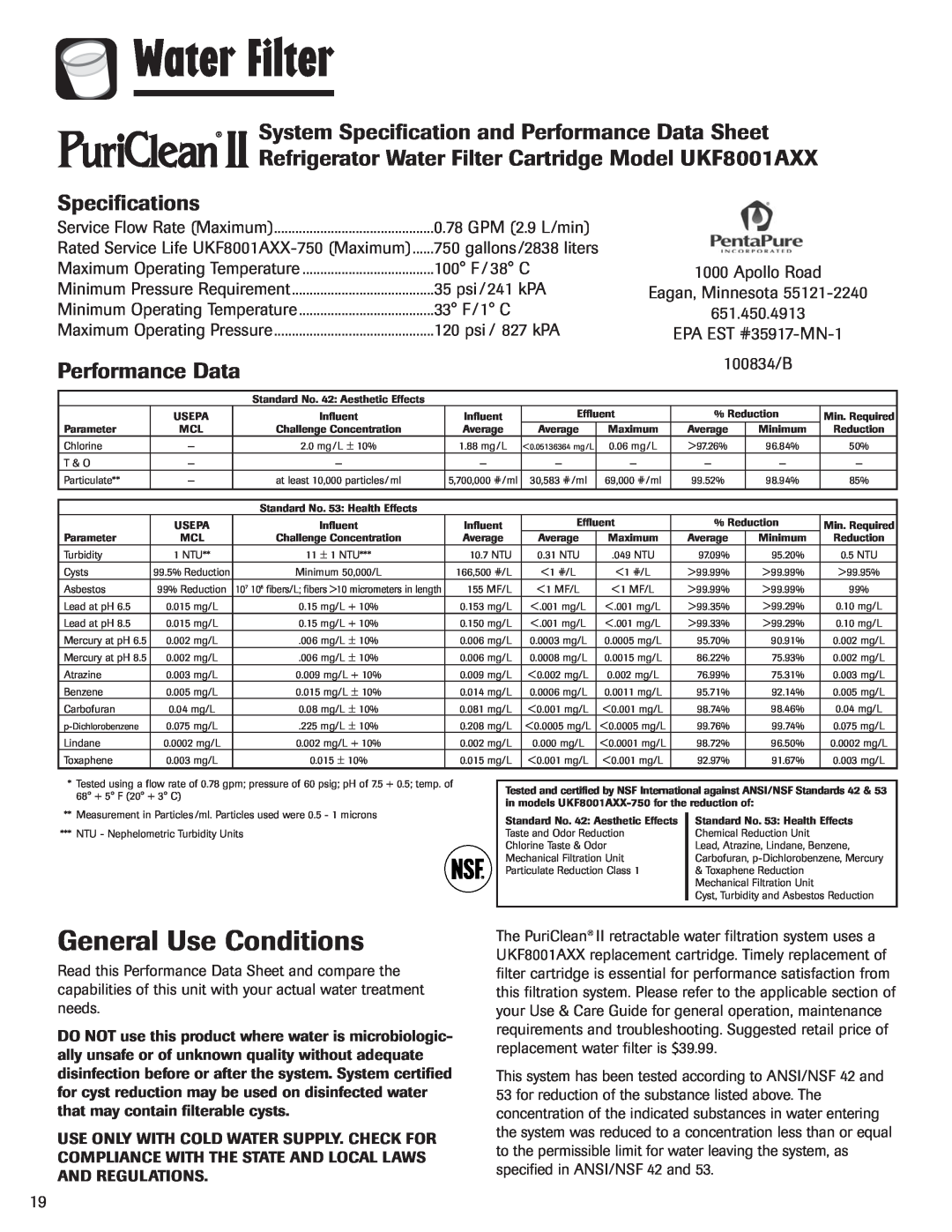 Amana ASD2328HEB General Use Conditions, System Specification and Performance Data Sheet, Specifications, Water Filter 
