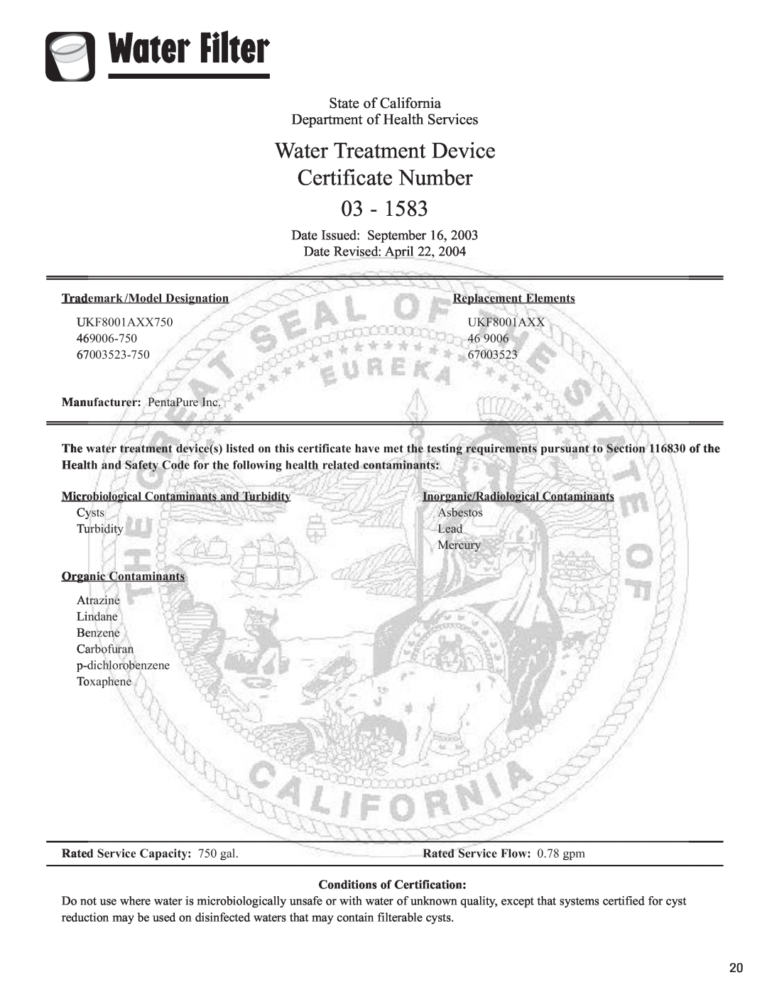 Amana ASD2328HES Certificate Number, State of California Department of Health Services, Date Issued September 16 