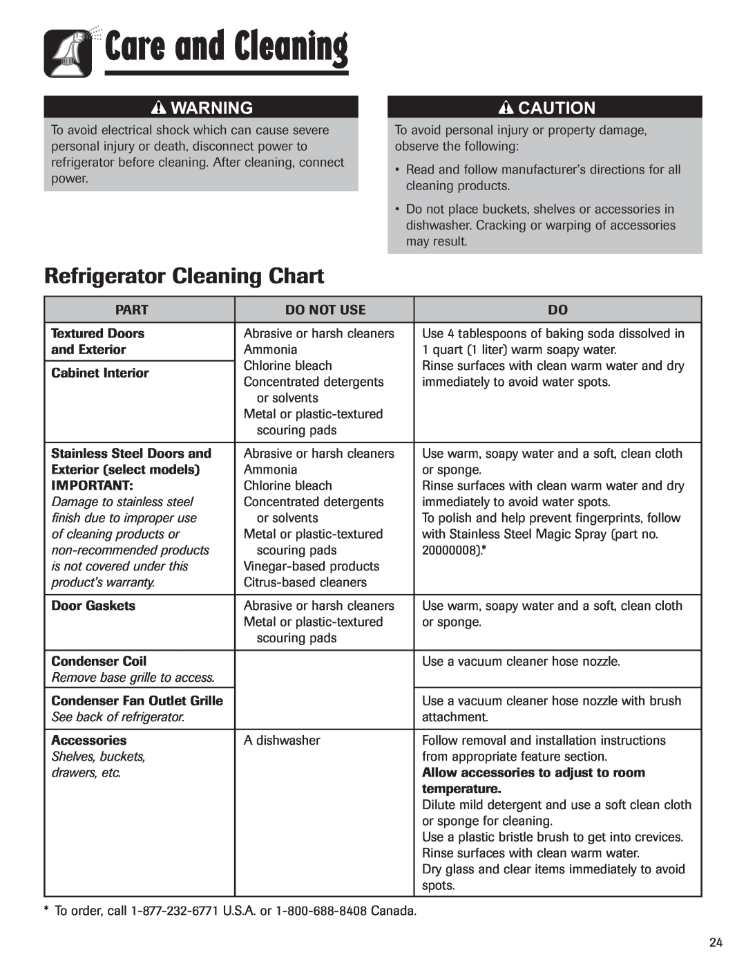 Amana ASD2328HES, ASD2328HEB, ASD2328HEQ, ASD2328HEW Care and Cleaning, Refrigerator Cleaning Chart 