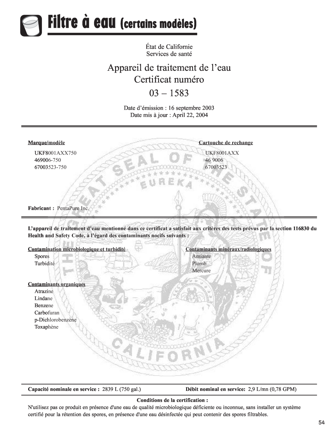 Amana ASD2328HEW, ASD2328HEB Appareil de traitement de l’eau Certificat numéro, État de Californie Services de santé 
