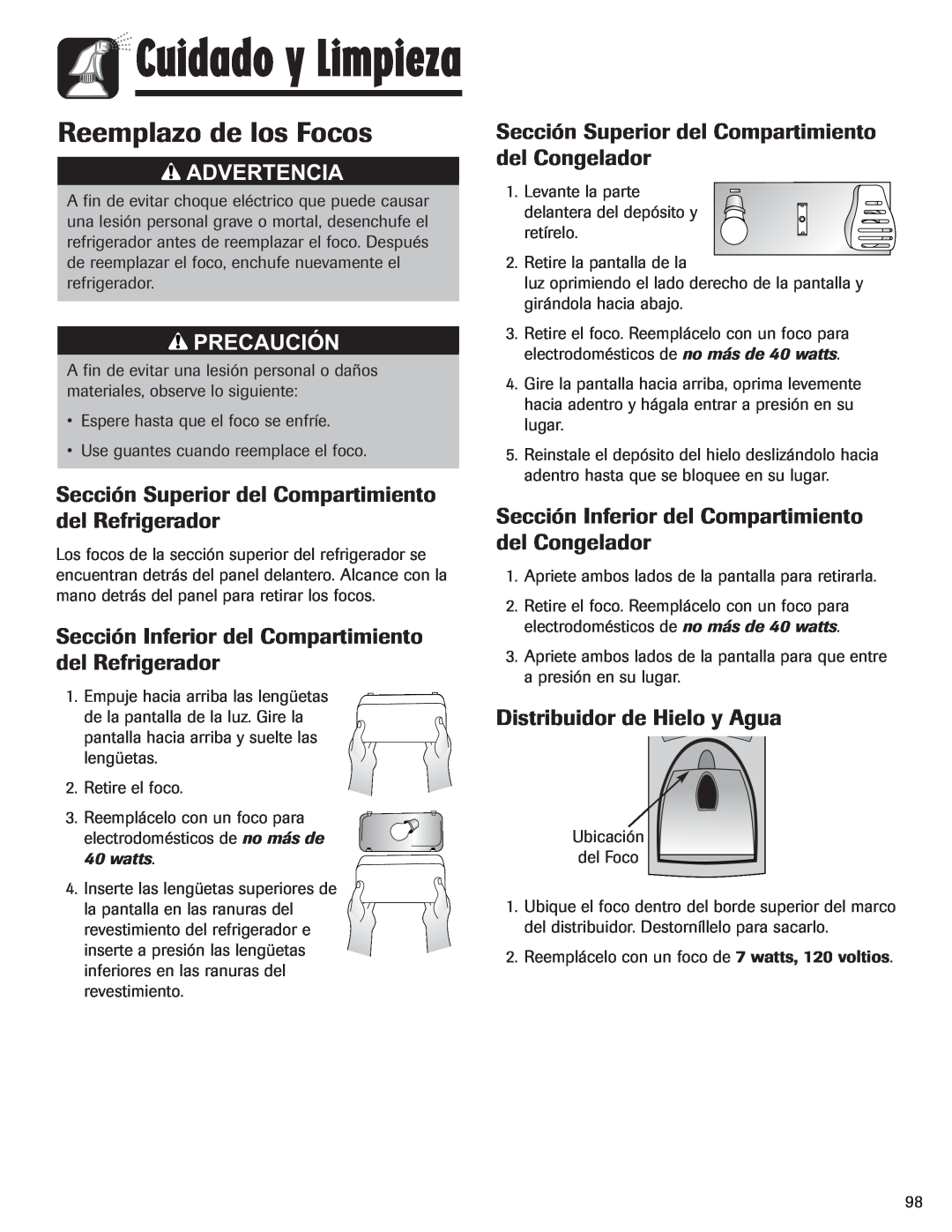 Amana ASD2328HEW Reemplazo de los Focos, Sección Superior del Compartimiento del Refrigerador, Cuidado y Limpieza 