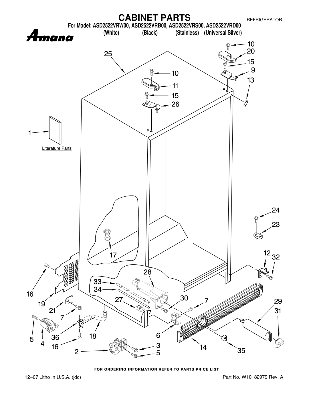 Amana ASD2522VRD00, ASD2522VRB00, ASD2522VRW00, ASD2522VRS00 manual Cabinet Parts 