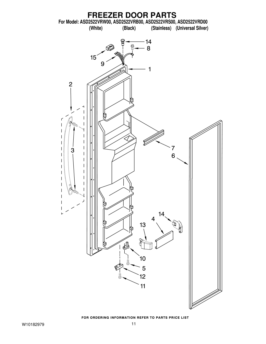 Amana ASD2522VRS00, ASD2522VRB00, ASD2522VRD00, ASD2522VRW00 manual Freezer Door Parts 