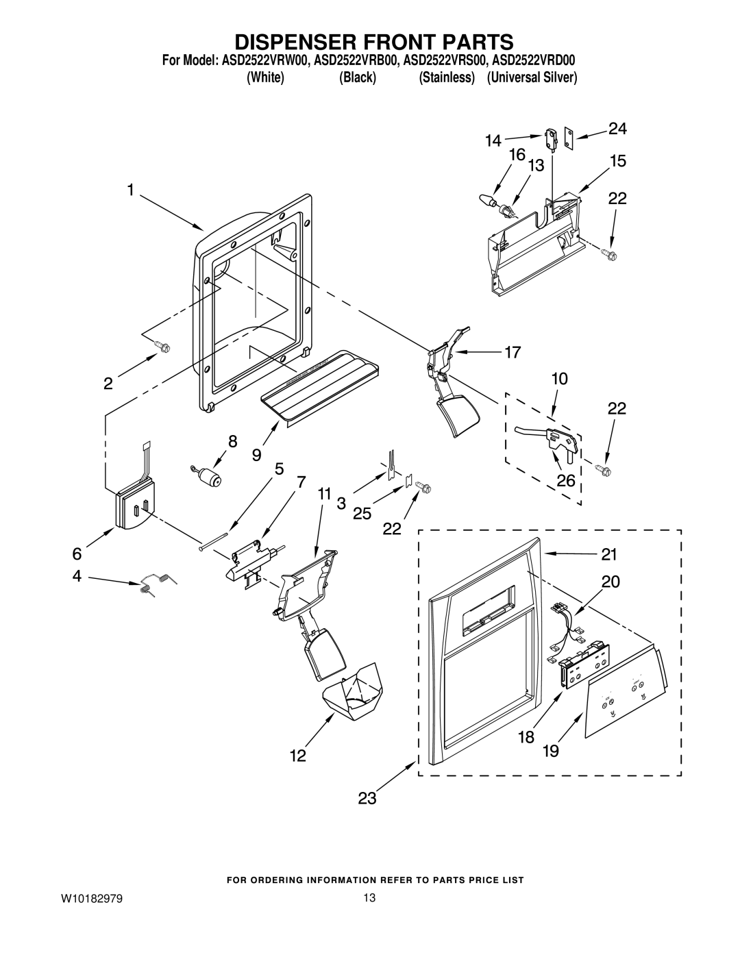 Amana ASD2522VRD00, ASD2522VRB00, ASD2522VRW00, ASD2522VRS00 manual Dispenser Front Parts 