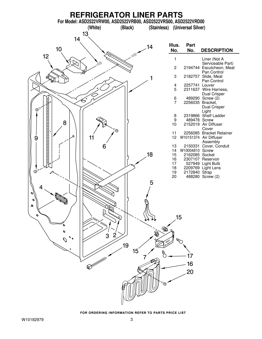 Amana ASD2522VRS00, ASD2522VRB00, ASD2522VRD00, ASD2522VRW00 manual Refrigerator Liner Parts, Description 