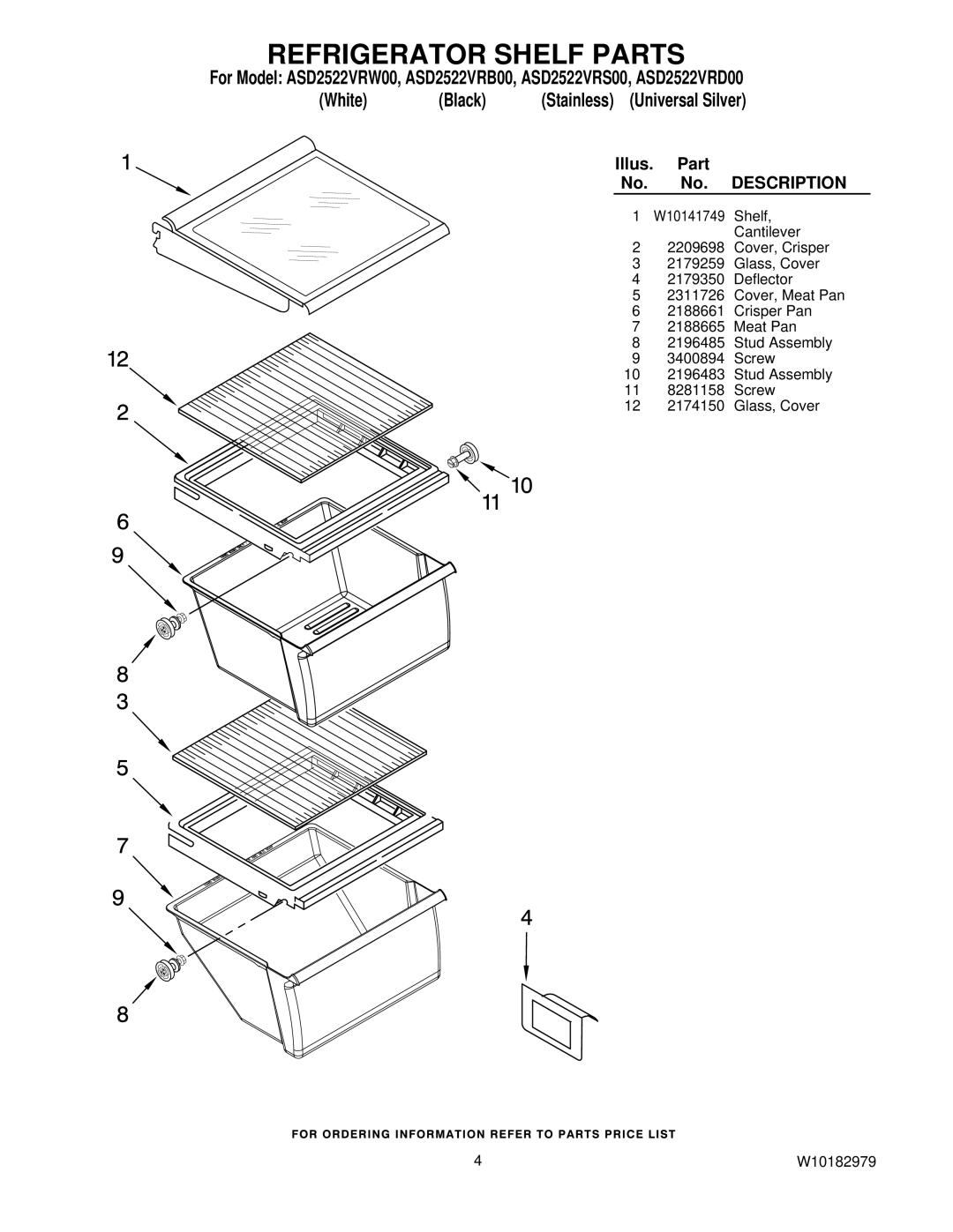 Amana ASD2522VRB00, ASD2522VRD00, ASD2522VRW00, ASD2522VRS00 manual Refrigerator Shelf Parts 