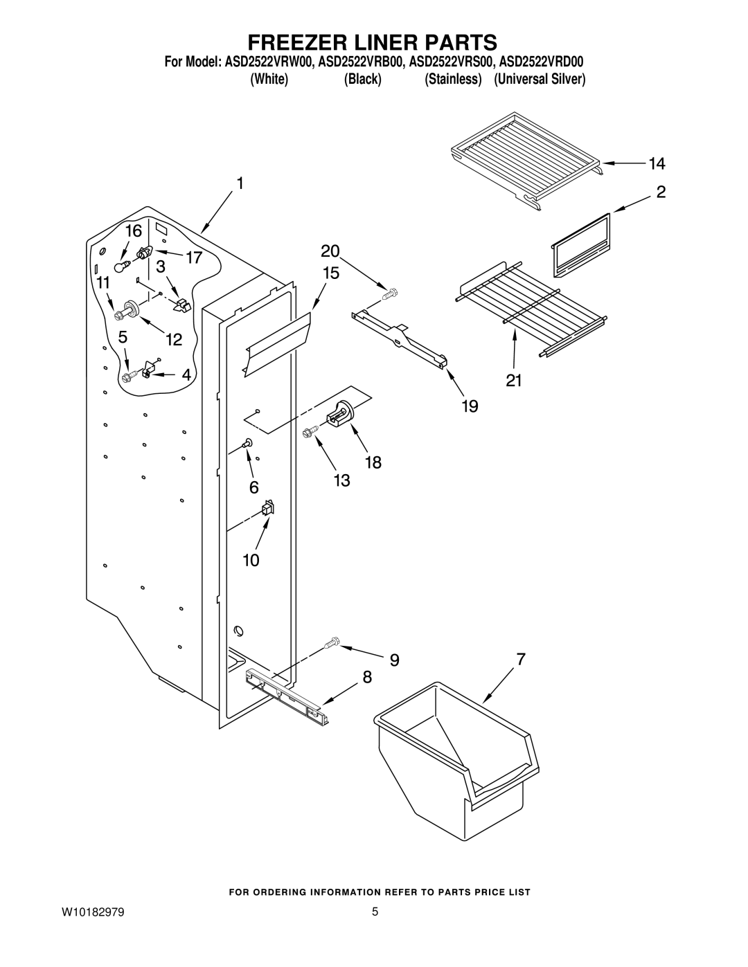 Amana ASD2522VRD00, ASD2522VRB00, ASD2522VRW00, ASD2522VRS00 manual Freezer Liner Parts 