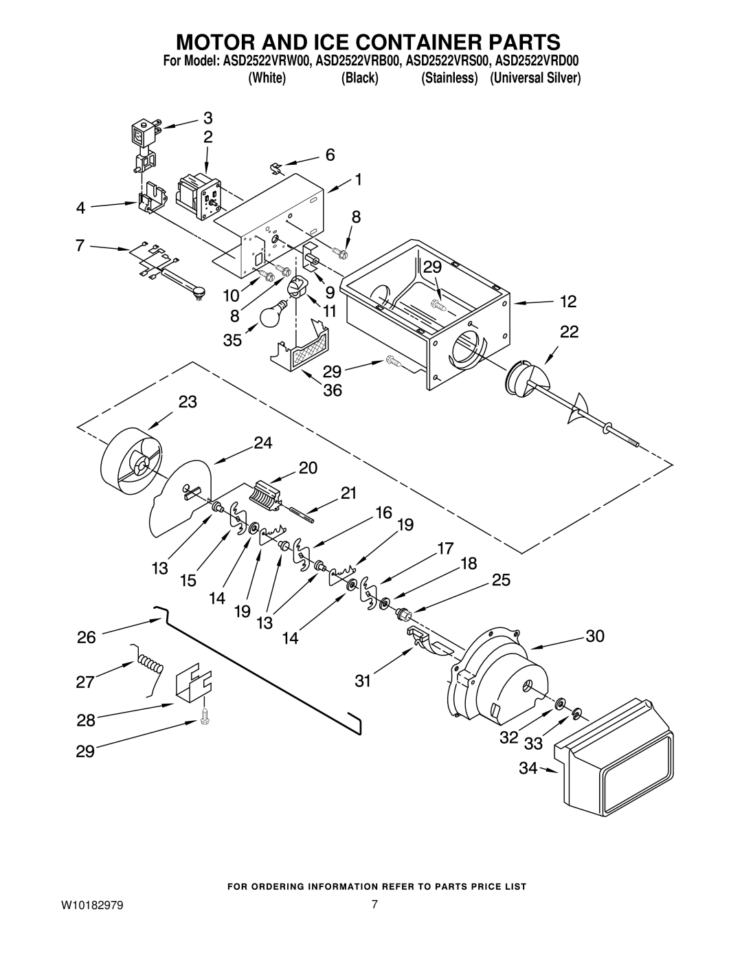 Amana ASD2522VRS00, ASD2522VRB00, ASD2522VRD00, ASD2522VRW00 manual Motor and ICE Container Parts 