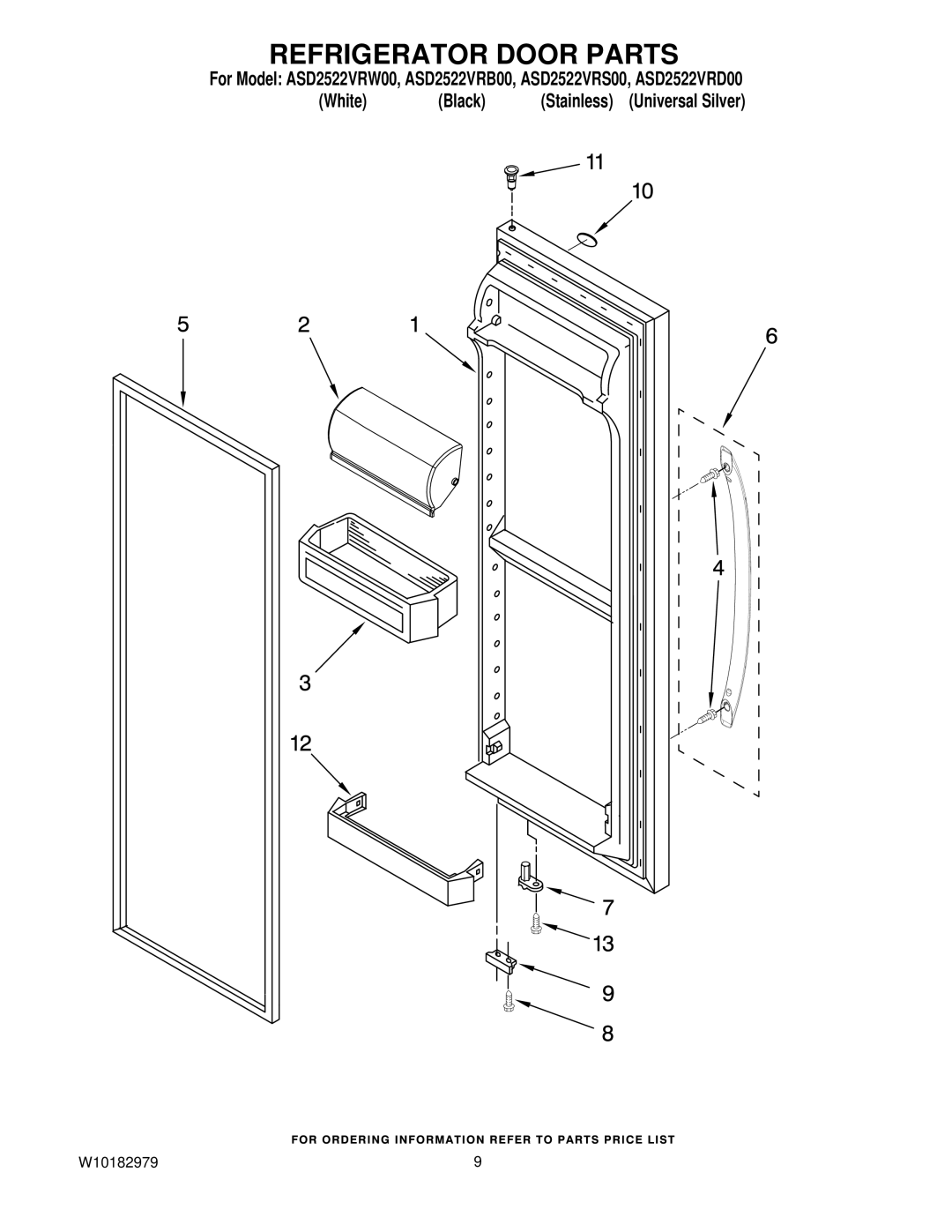 Amana ASD2522VRD00, ASD2522VRB00, ASD2522VRW00, ASD2522VRS00 manual Refrigerator Door Parts 