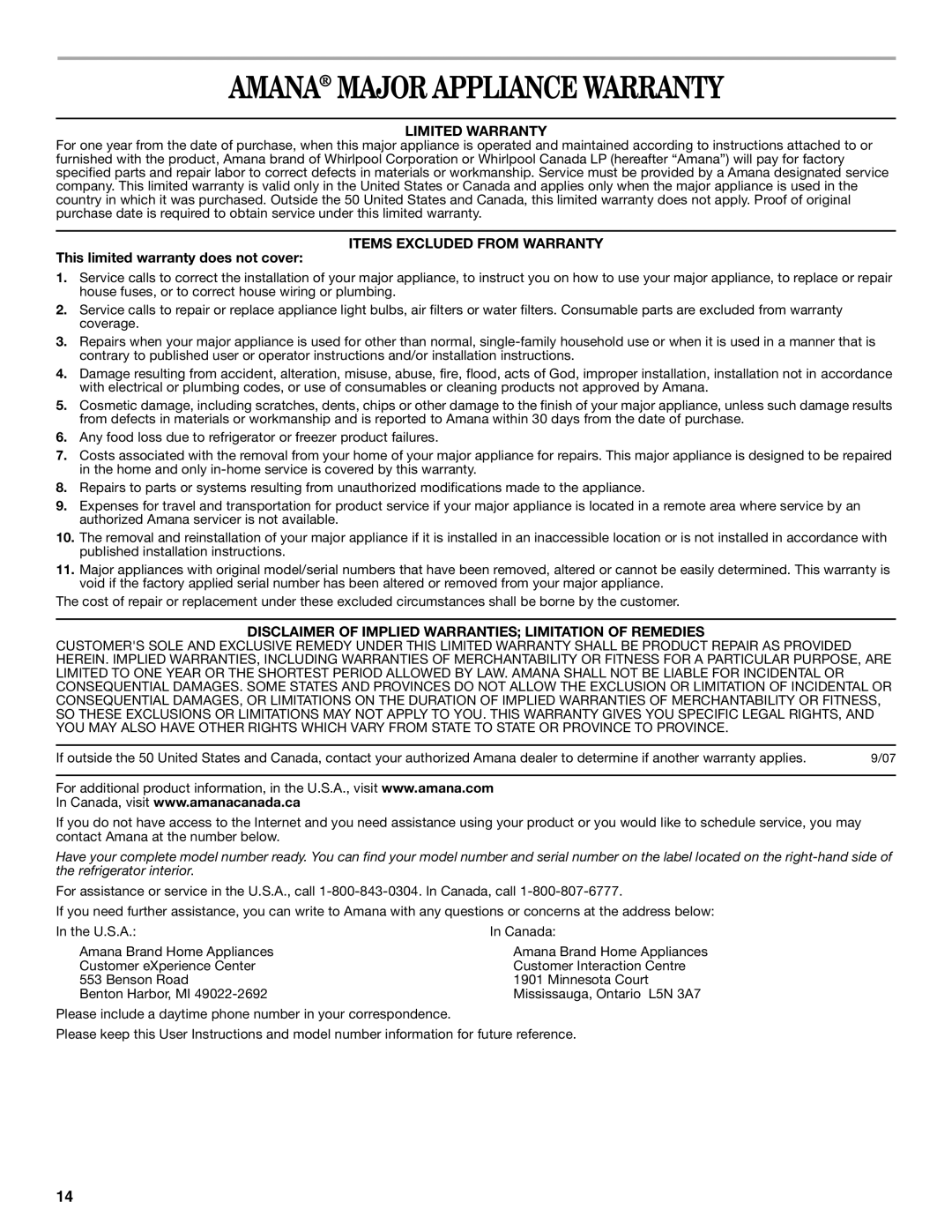 Amana ASD2522VRW installation instructions Amana Major Appliance Warranty, Limited Warranty, Items Excluded from Warranty 