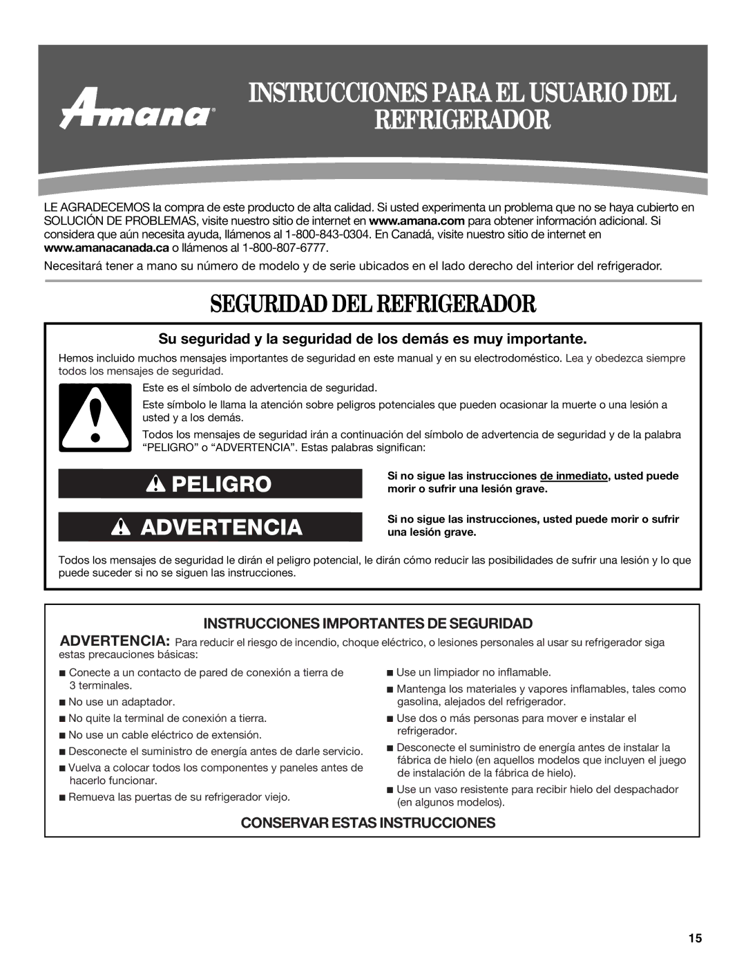 Amana ASD2522VRW installation instructions Seguridad DEL Refrigerador 