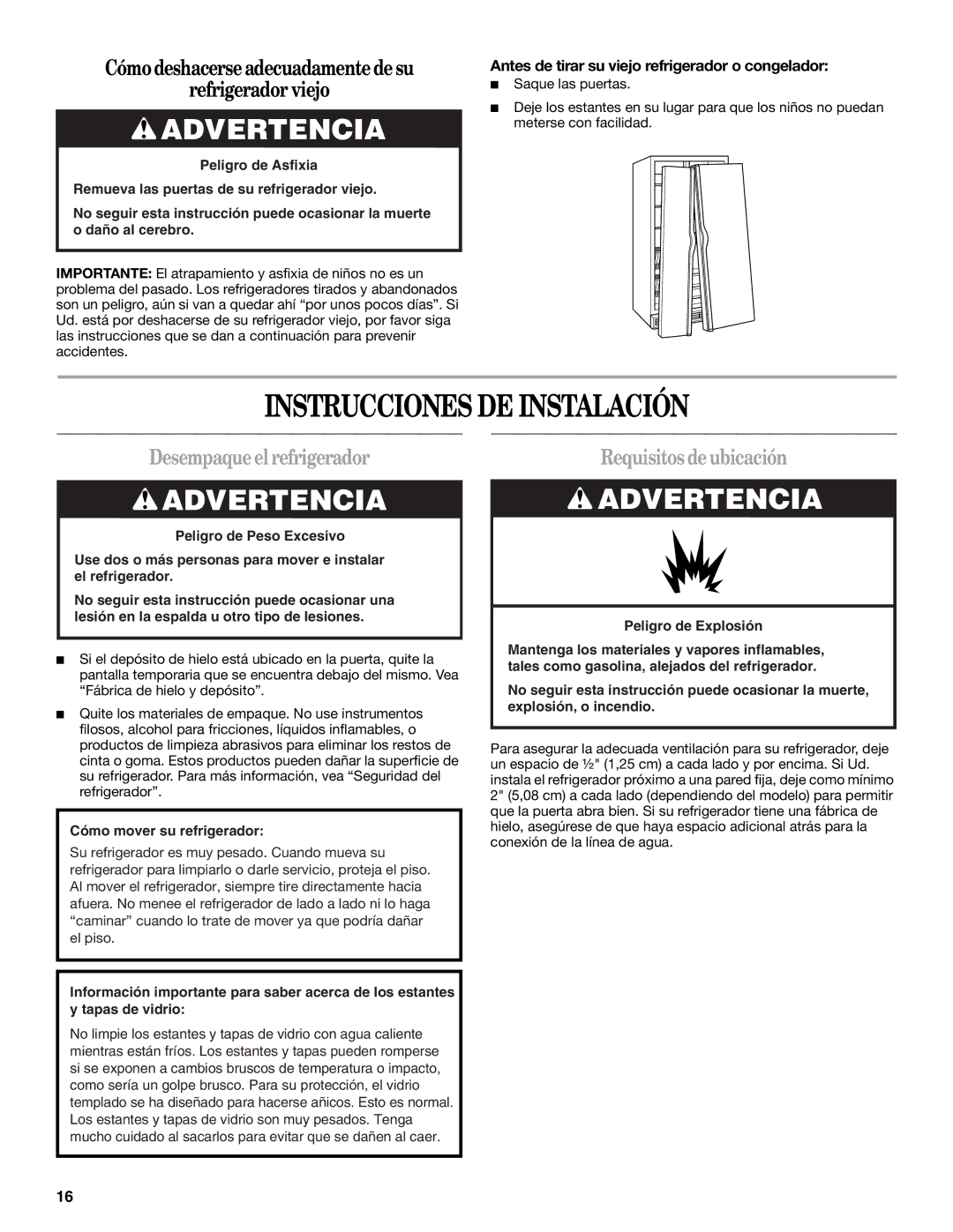 Amana ASD2522VRW Instrucciones DE Instalación, Desempaque el refrigerador, Requisitos de ubicación 