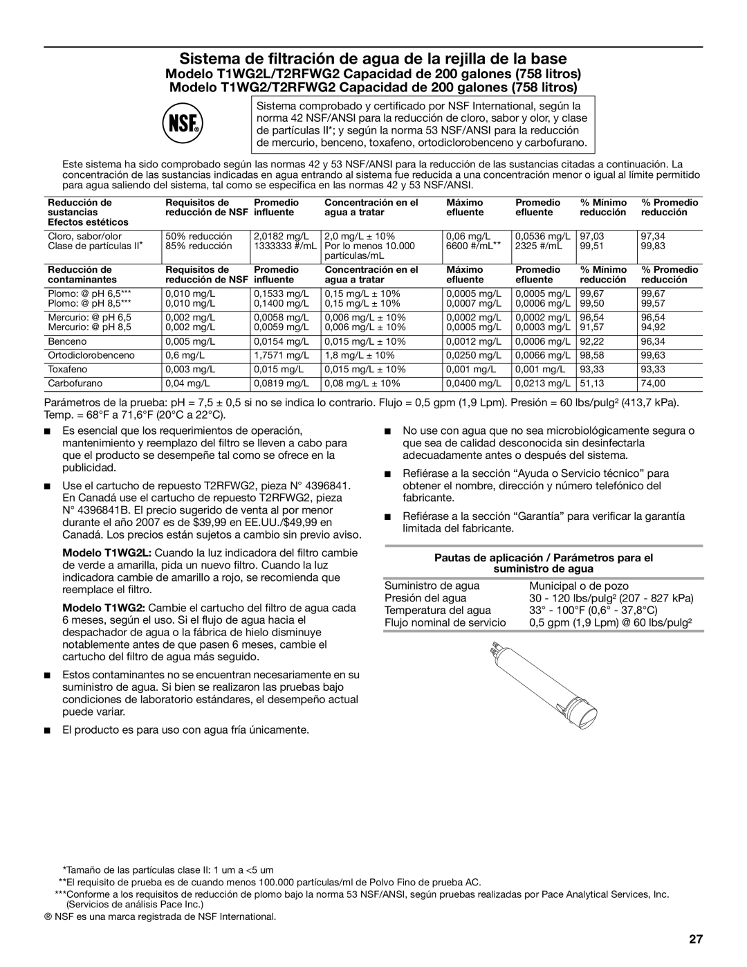 Amana ASD2522VRW installation instructions Influente Agua a tratar Efluente Reducción Efectos estéticos 