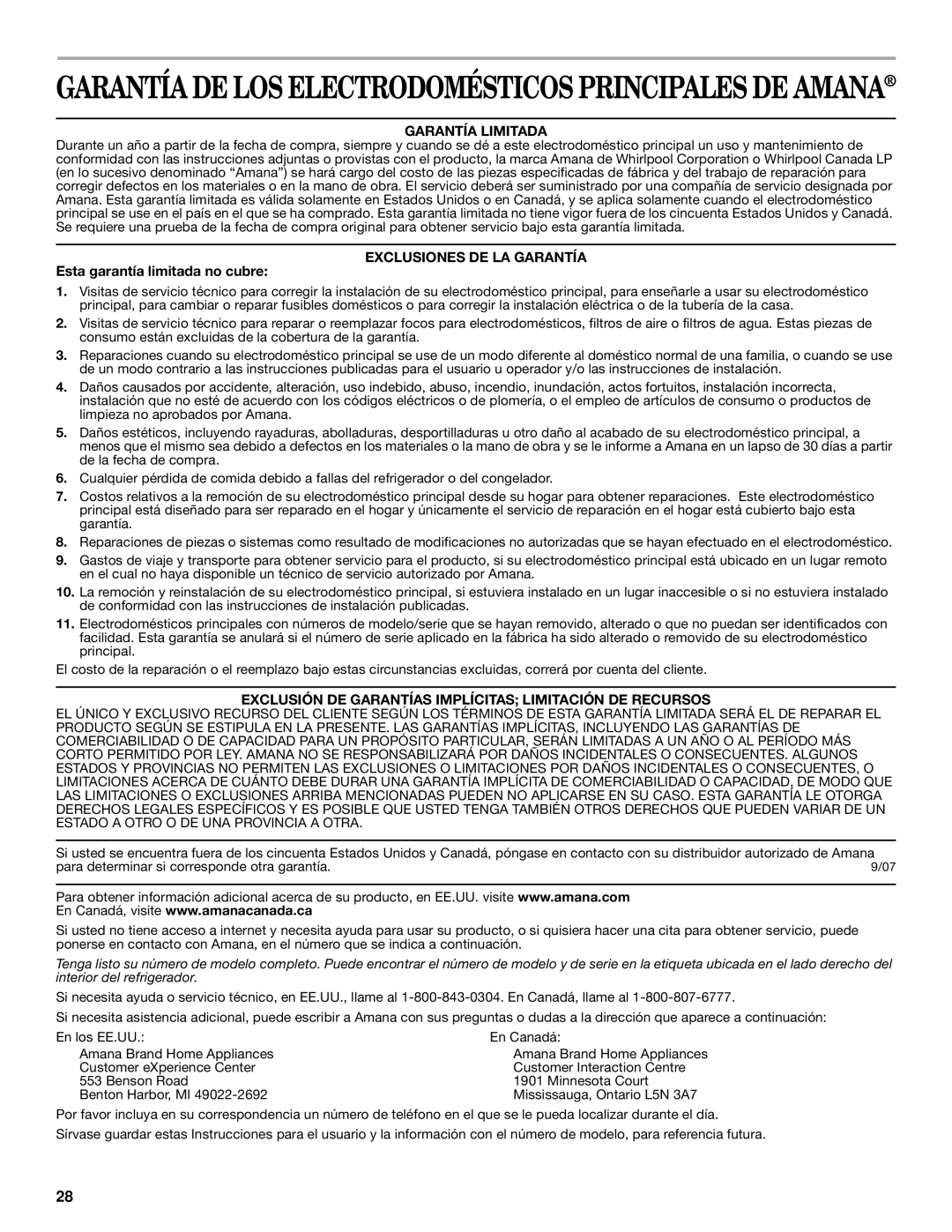 Amana ASD2522VRW installation instructions Garantía Limitada, Exclusiones DE LA Garantía, Esta garantía limitada no cubre 