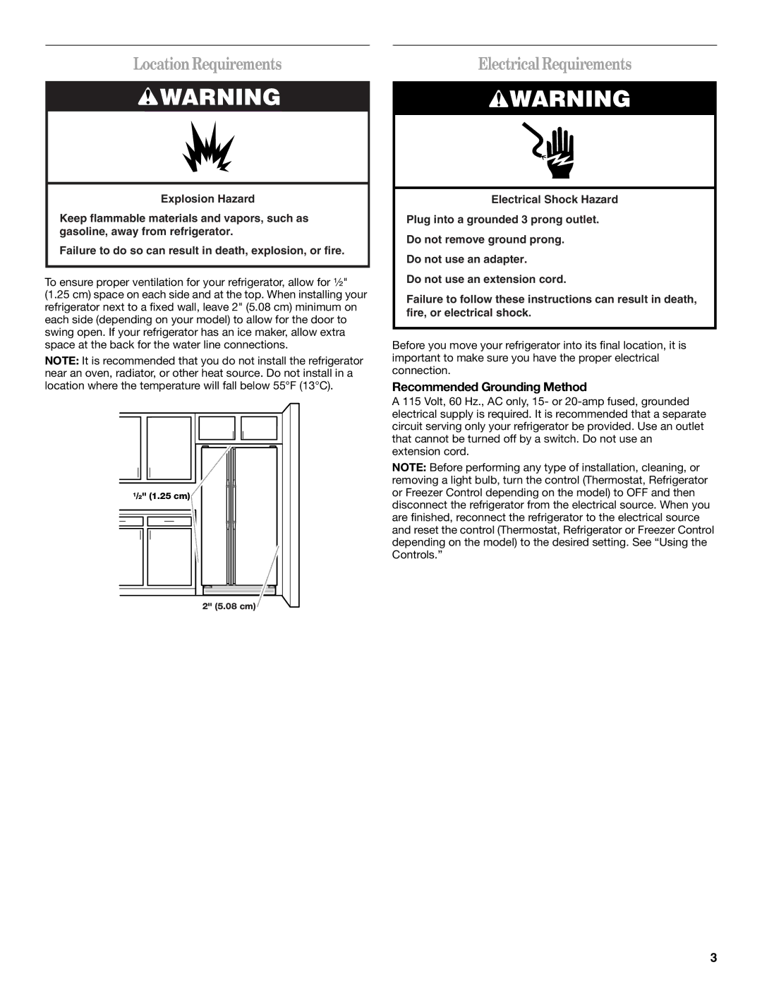 Amana ASD2522VRW installation instructions LocationRequirements, Electrical Requirements, Recommended Grounding Method 