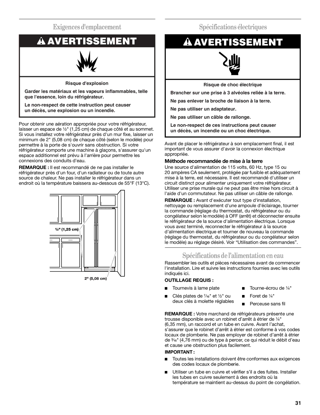 Amana ASD2522VRW Exigences demplacement, Spécifications électriques, Spécifications del’alimentationen eau 