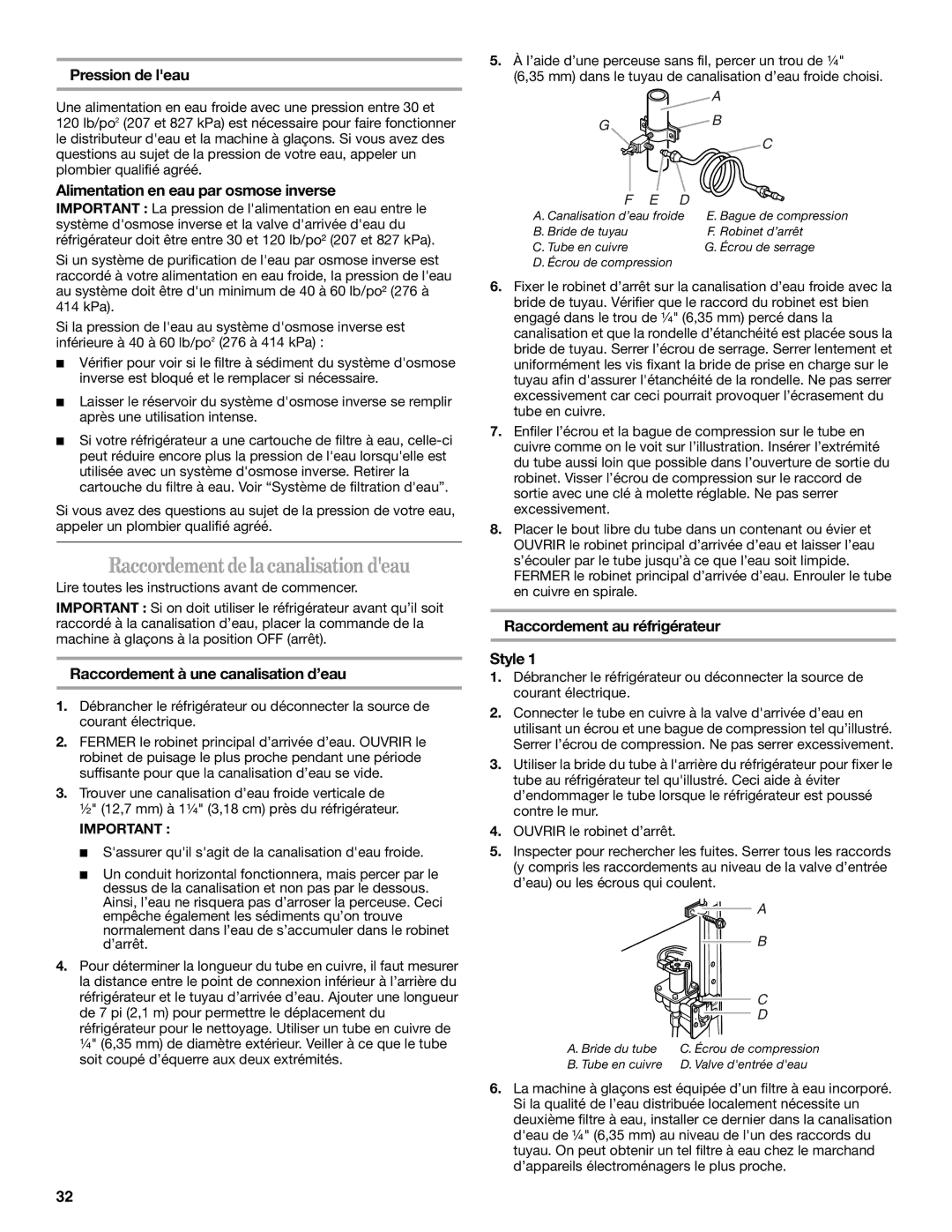 Amana ASD2522VRW Raccordement de la canalisation deau, Pression de leau, Alimentation en eau par osmose inverse 