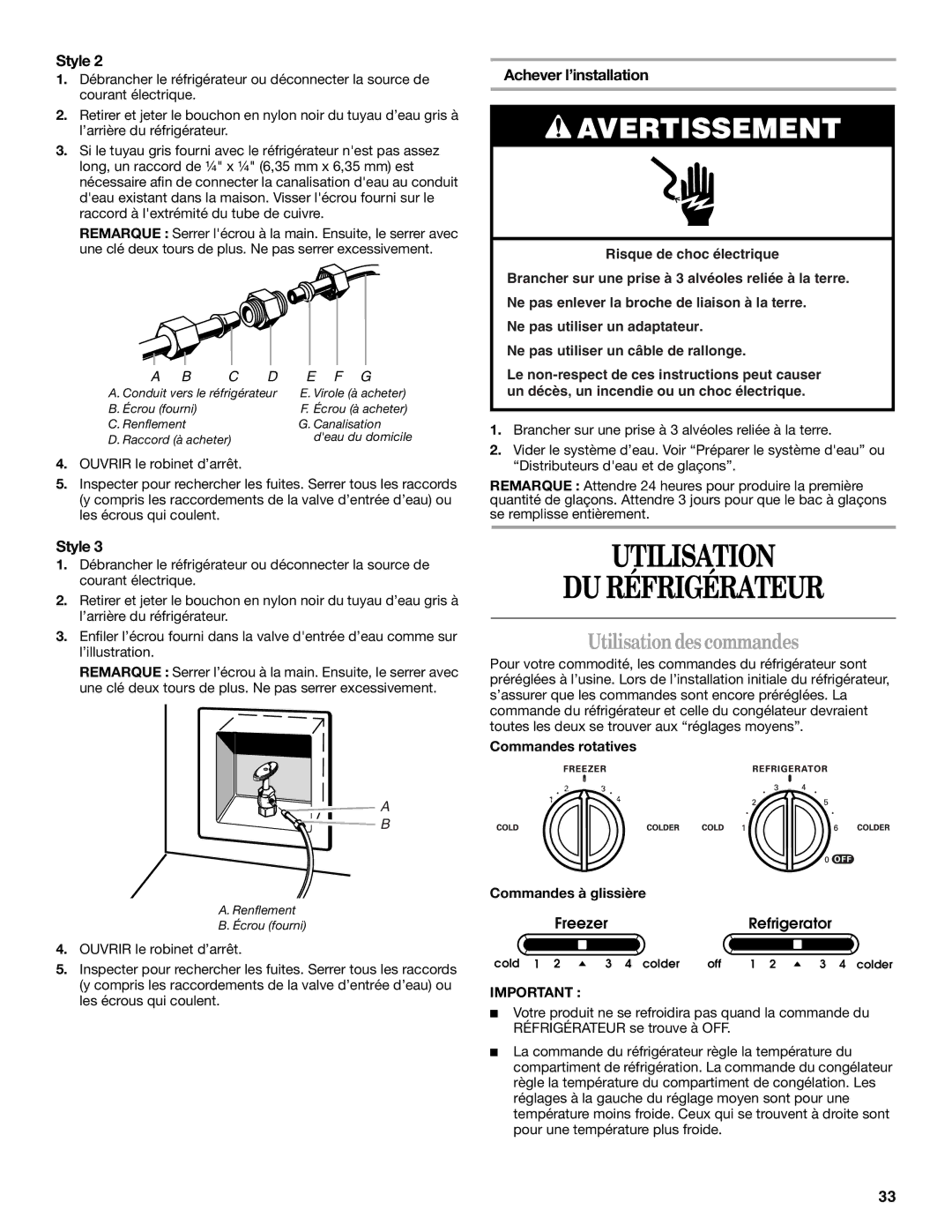 Amana ASD2522VRW installation instructions Utilisation DU Réfrigérateur, Utilisation des commandes, Achever l’installation 