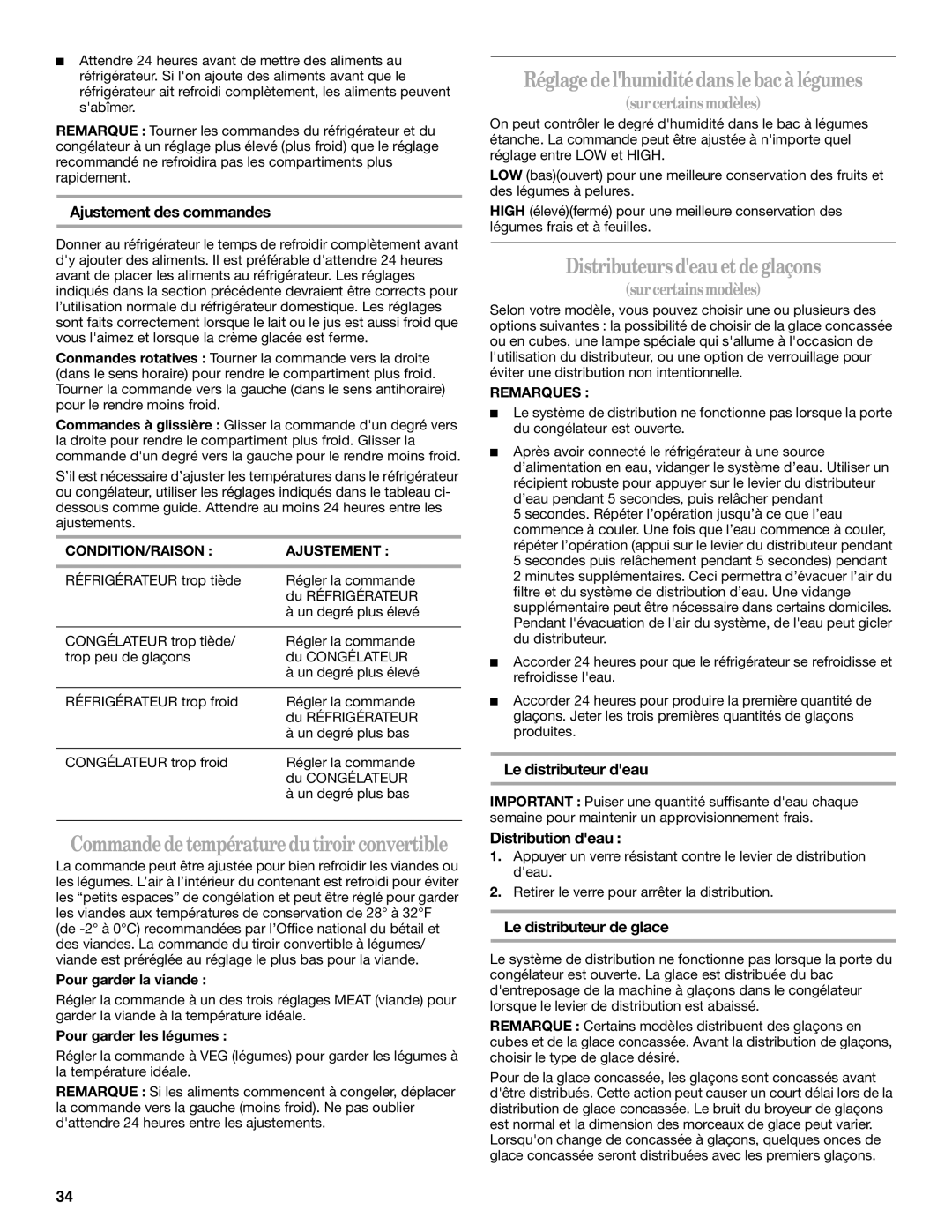 Amana ASD2522VRW installation instructions Réglage delhumidité dans le bac à légumes, Distributeurs deauet de glaçons 