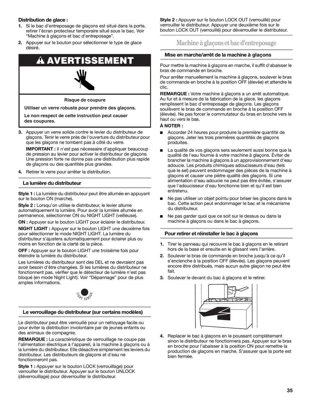 Amana ASD2522VRW installation instructions Machineà glaçons et bac dentreposage 