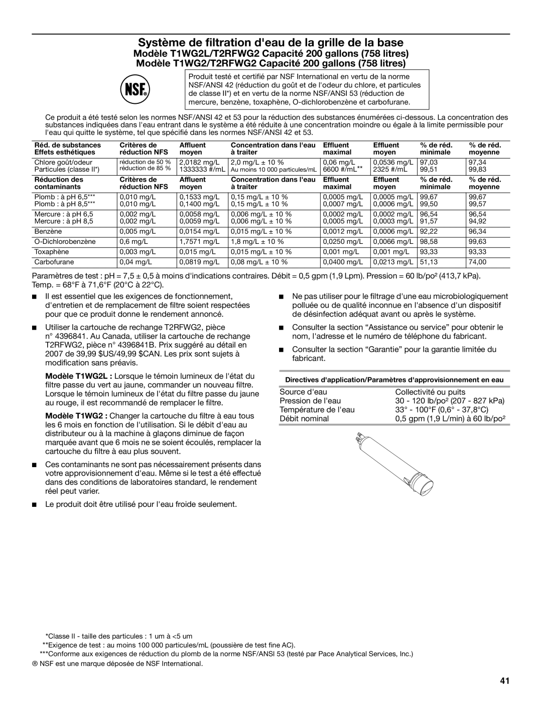 Amana ASD2522VRW installation instructions Système de filtration deau de la grille de la base 