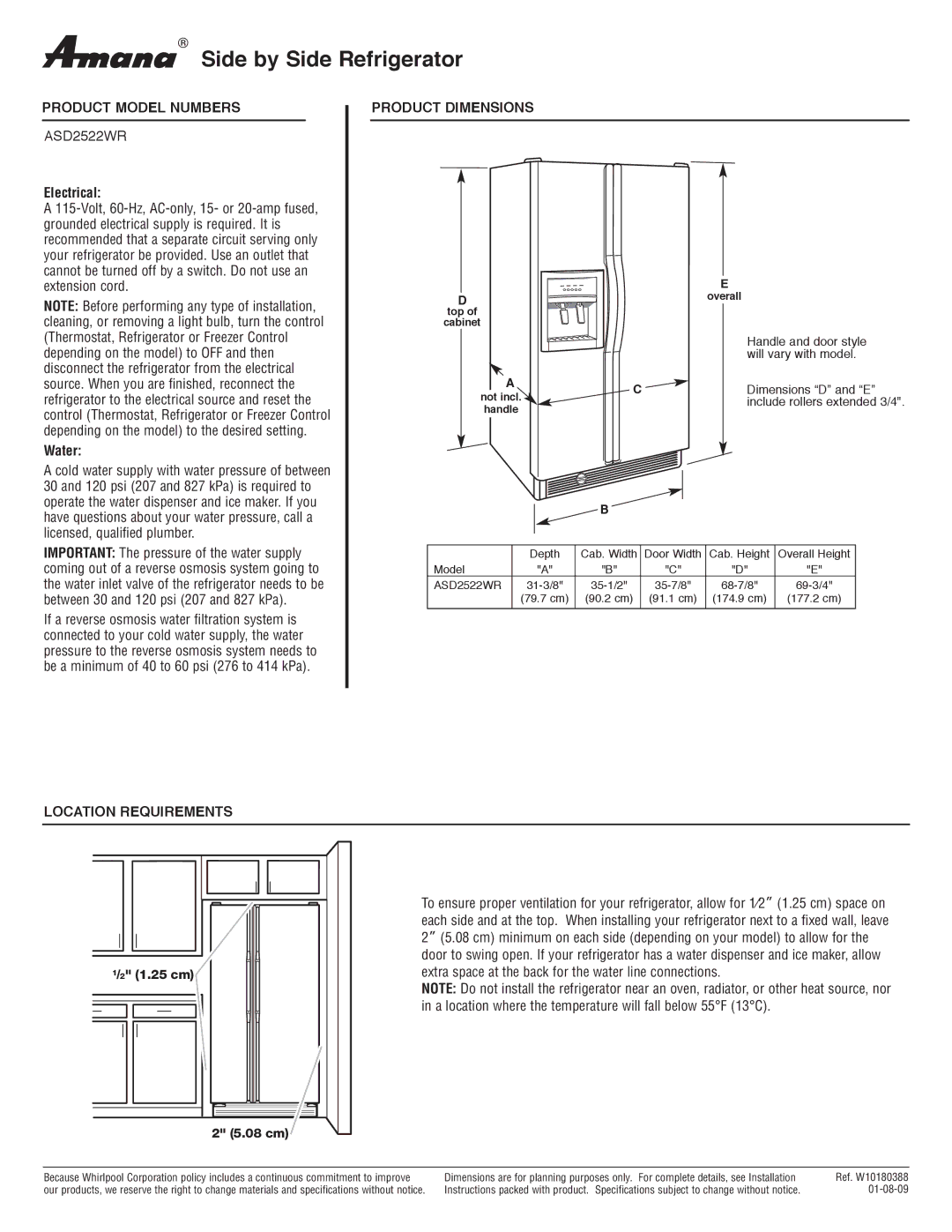 Amana ASD2522WR dimensions Side by Side Refrigerator, Product Model Numbers, Product Dimensions, Location Requirements 