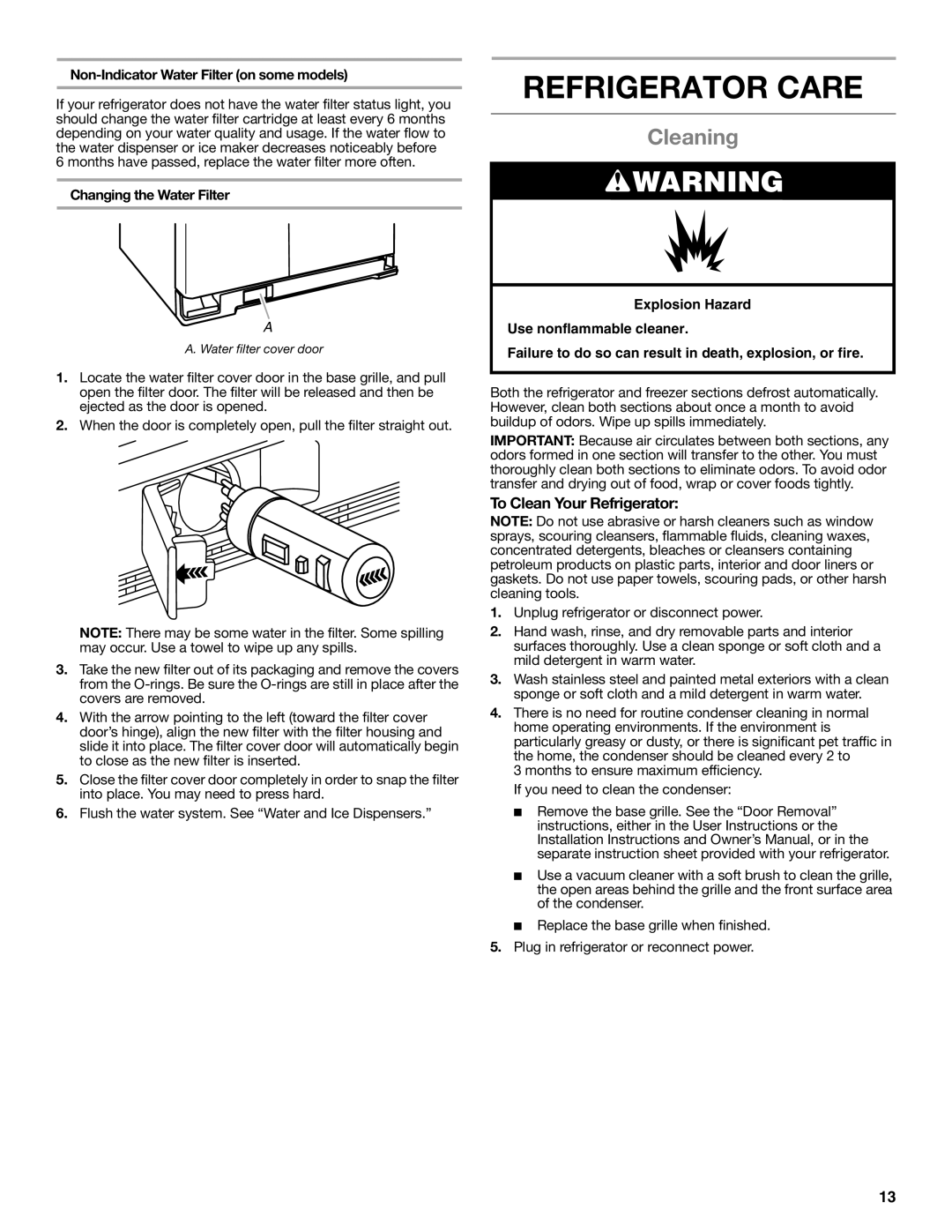 Amana ASD2275BRS Refrigerator Care, Cleaning, To Clean Your Refrigerator, Non-Indicator Water Filter on some models 