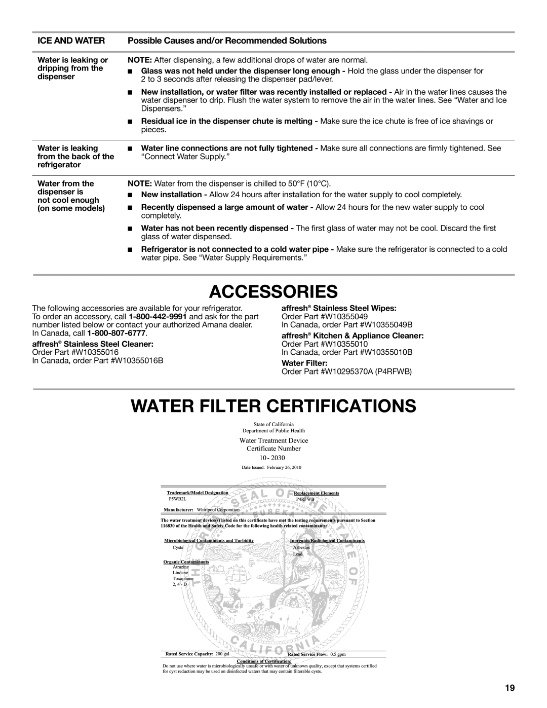 Amana ASD2275BRS, ASD2575BRW, ASD2575BRS, ASD2275BRB Accessories, Water Filter Certifications, Affresh Stainless Steel Wipes 