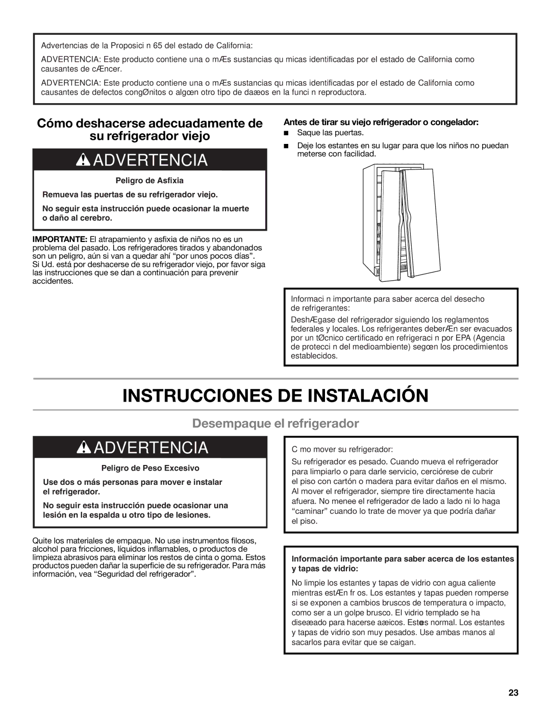 Amana ASD2275BRW, ASD2575BRW, ASD2275BRS, ASD2575BRS, ASD2275BRB Instrucciones DE Instalación, Desempaque el refrigerador 