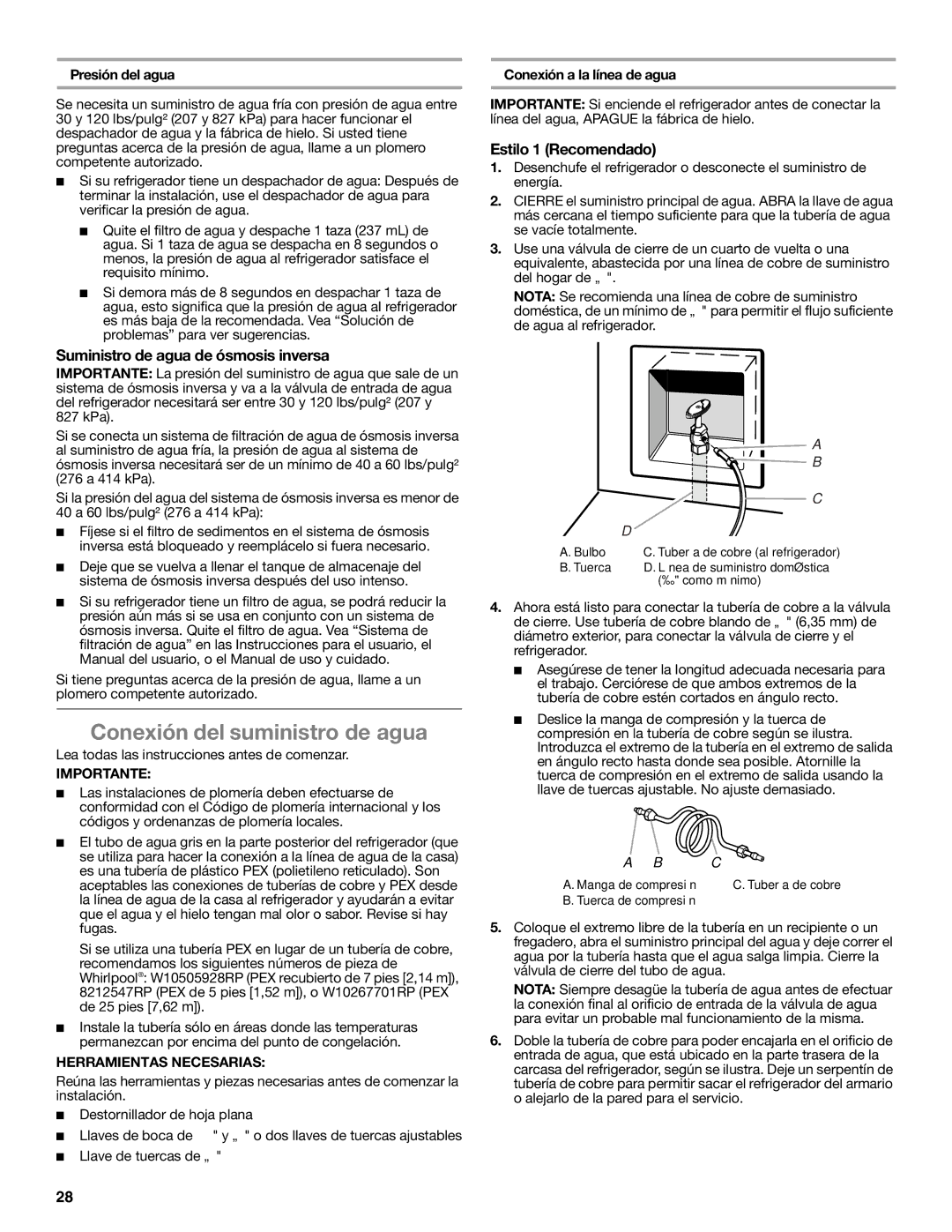 Amana ASD2575BRB, ASD2575BRW Conexión del suministro de agua, Suministro de agua de ósmosis inversa, Estilo 1 Recomendado 