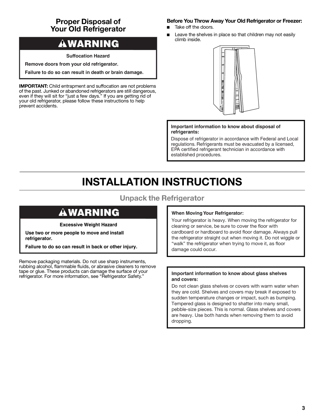 Amana ASD2275BRB, ASD2575BRW, ASD2275BRS, ASD2575BRS, ASD2575BRB Installation Instructions, Unpack the Refrigerator 