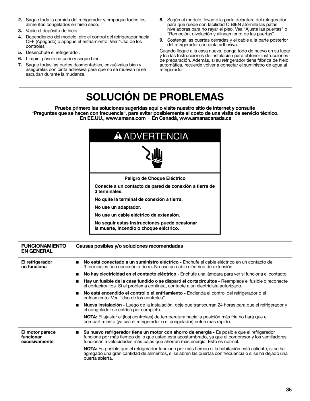 Amana ASD2275BRW Solución DE Problemas, Funcionamiento, Causas posibles y/o soluciones recomendadas, EN General 