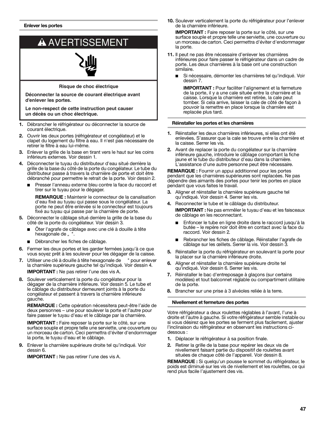 Amana ASD2275BRW Enlever les portes, Réinstaller les portes et les charnières, Nivellement et fermeture des portes 