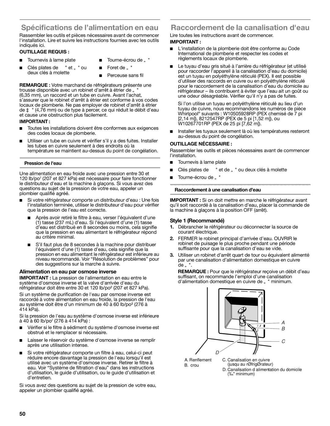 Amana ASD2575BRS Spécifications de l’alimentation en eau, Raccordement de la canalisation deau, Style 1 Recommandé 