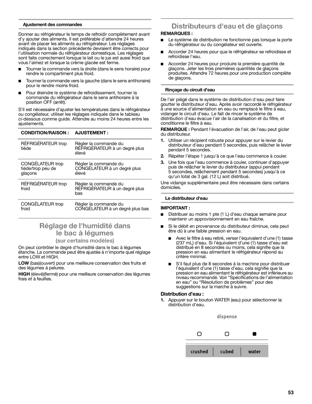 Amana ASD2275BRW Réglage de lhumidité dans Le bac à légumes, Distributeurs deau et de glaçons, Distribution d’eau 