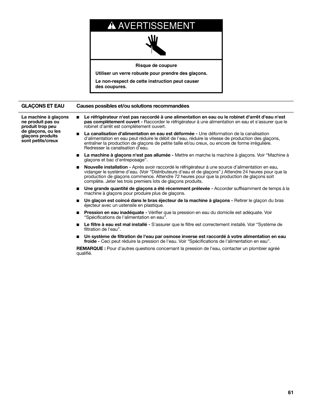 Amana ASD2275BRS, ASD2575BRW, ASD2575BRS, ASD2275BRB Glaçons ET EAU, Causes possibles et/ou solutions recommandées 