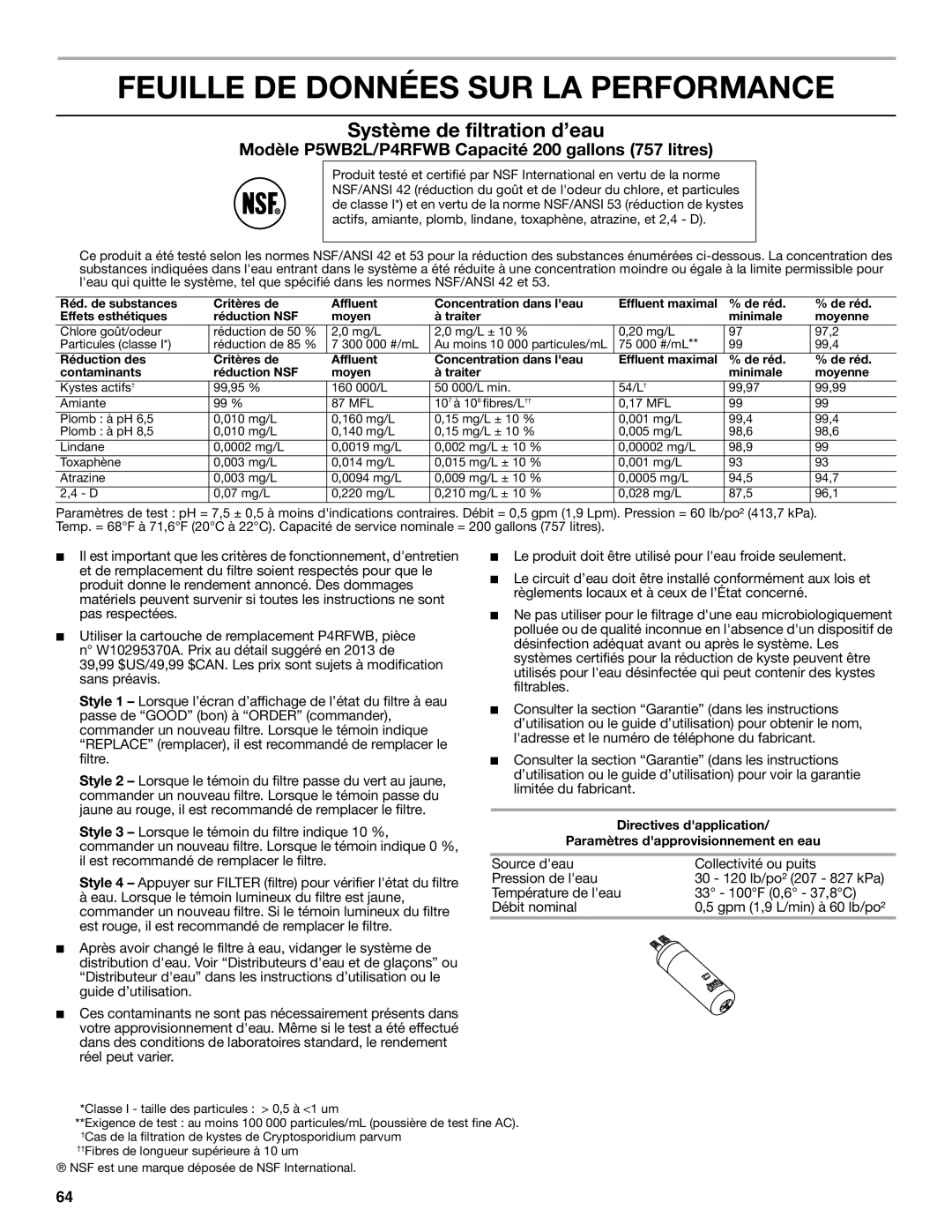 Amana ASD2575BRB, ASD2575BRW, ASD2275BRS, ASD2575BRS Feuille DE Données SUR LA Performance, Système de filtration d’eau 