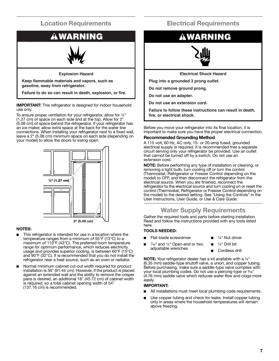 Amana ASD2275BRS Location Requirements, Electrical Requirements, Water Supply Requirements, Recommended Grounding Method 