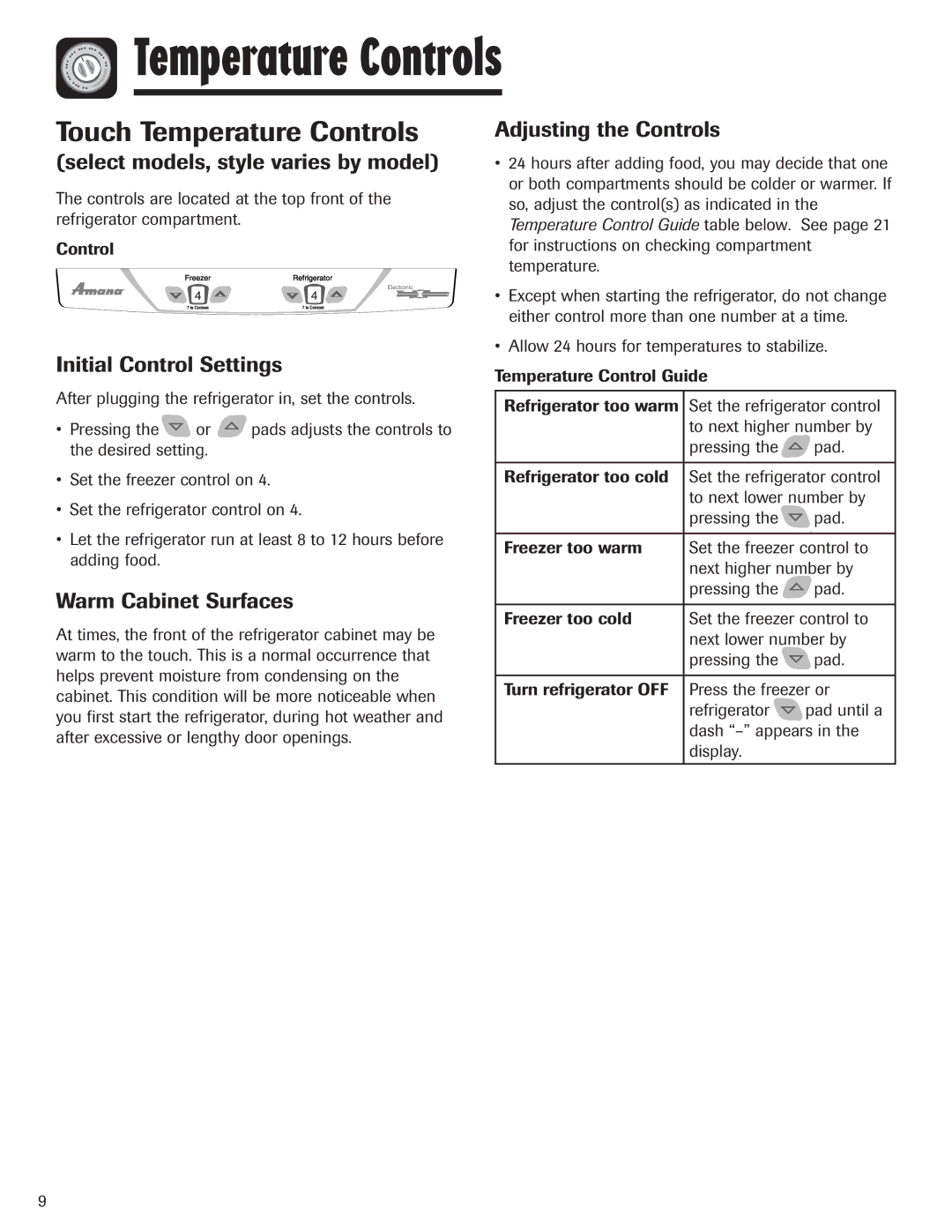 Amana ASD2624HEQ Touch Temperature Controls, Select models, style varies by model, Temperature Control Guide 