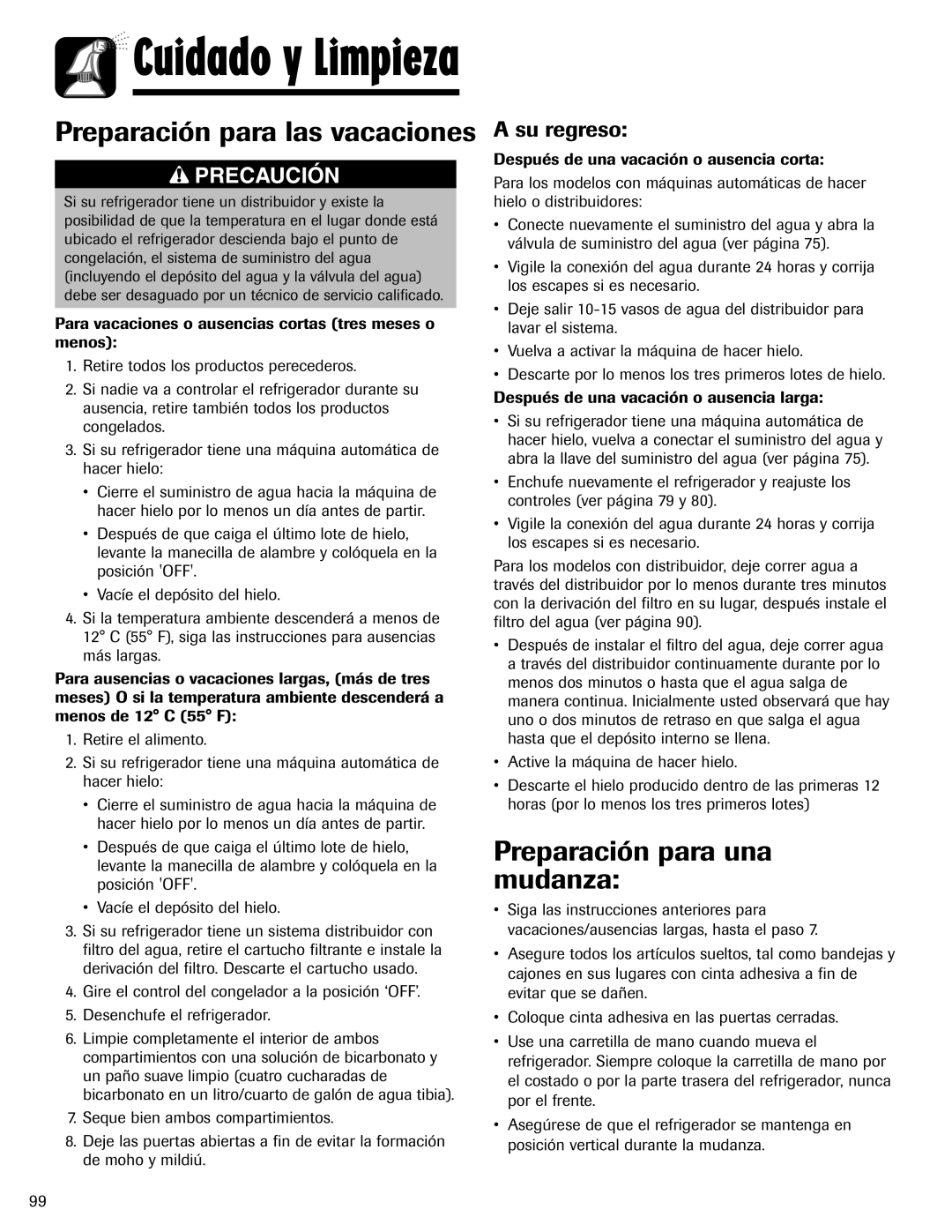 Amana ASD2624HEQ important safety instructions Preparación para las vacaciones, Preparación para una mudanza, Su regreso 