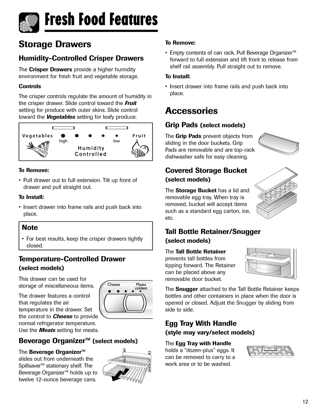 Amana ASD2624HEQ important safety instructions Storage Drawers, Accessories 