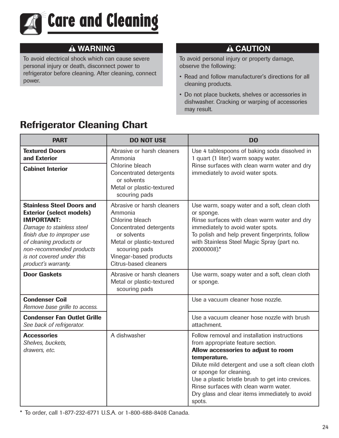 Amana ASD2624HEQ important safety instructions Care and Cleaning, Refrigerator Cleaning Chart, Part Do not USE 