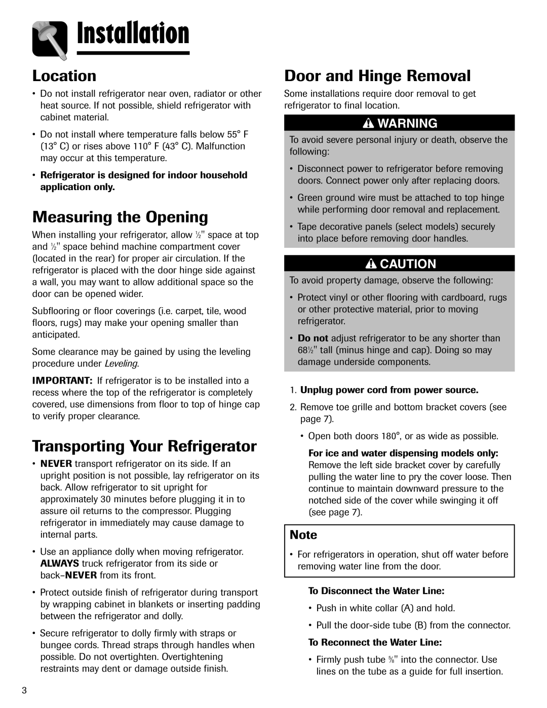 Amana ASD2624HEQ Installation, Location, Measuring the Opening, Transporting Your Refrigerator, Door and Hinge Removal 