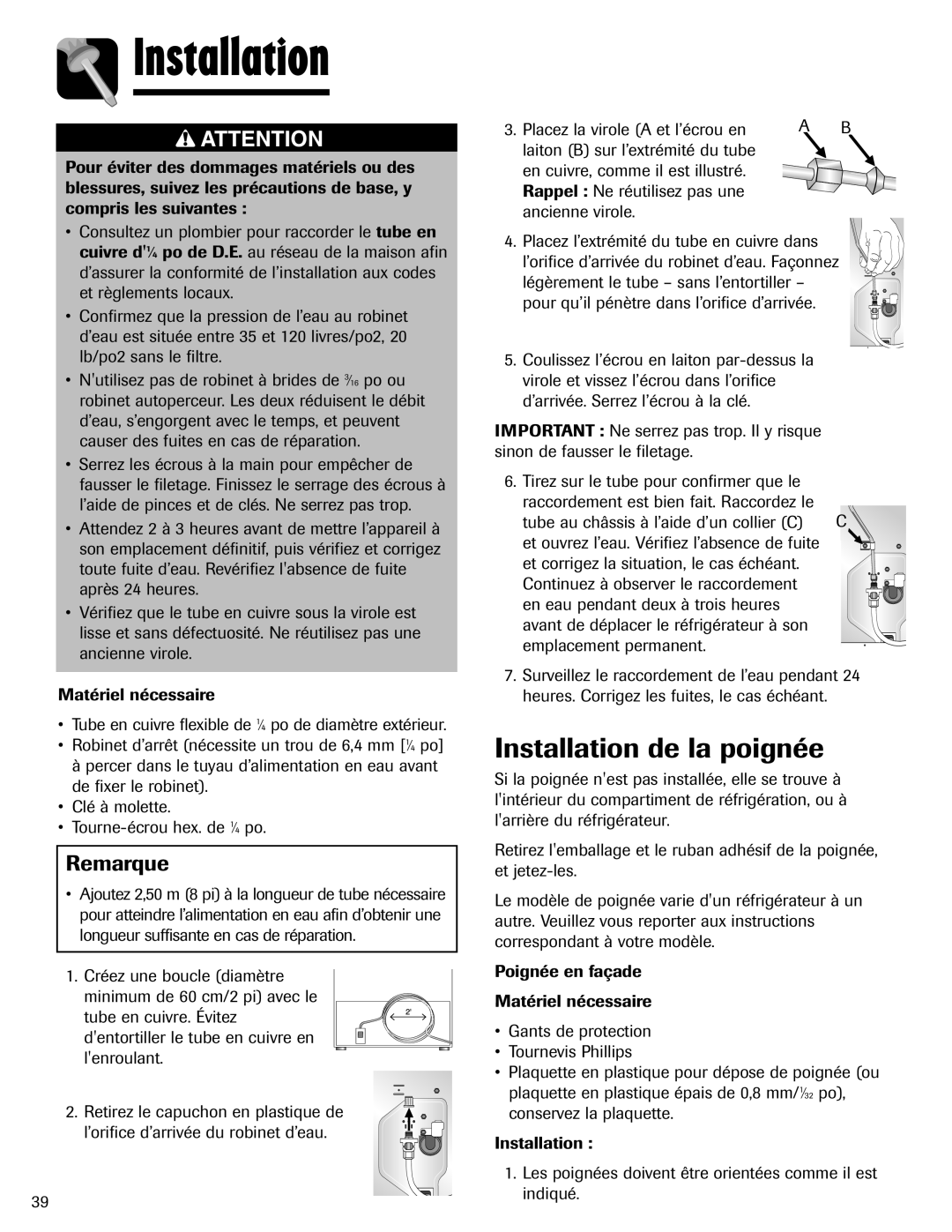 Amana ASD2624HEQ important safety instructions Installation de la poignée, Poignée en façade Matériel nécessaire 