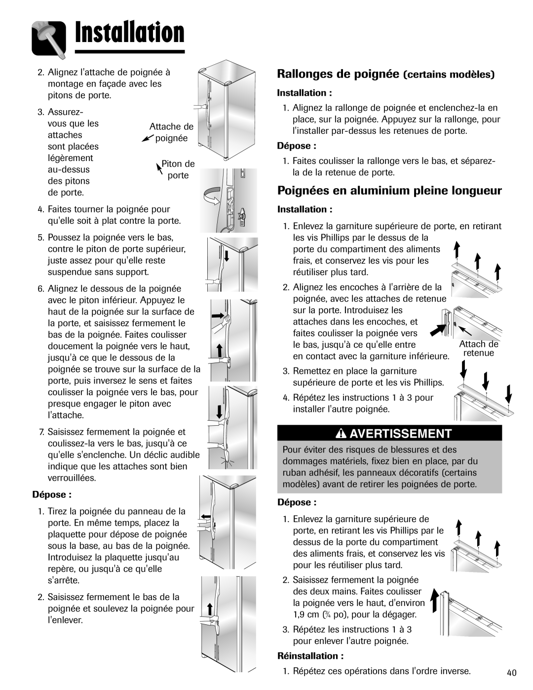 Amana ASD2624HEQ Rallonges de poignée certains modèles, Poignées en aluminium pleine longueur, Dépose, Réinstallation 