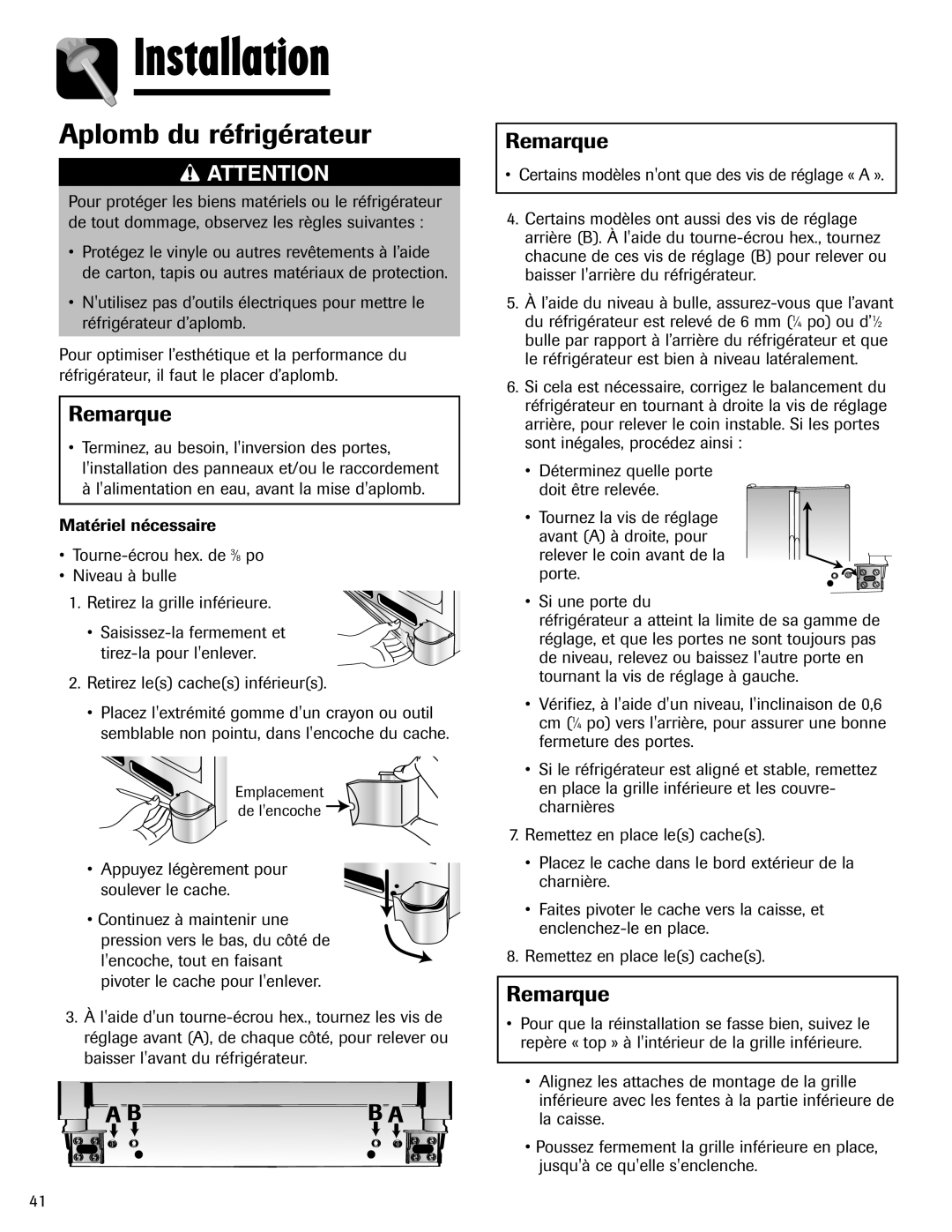 Amana ASD2624HEQ important safety instructions Aplomb du réfrigérateur 