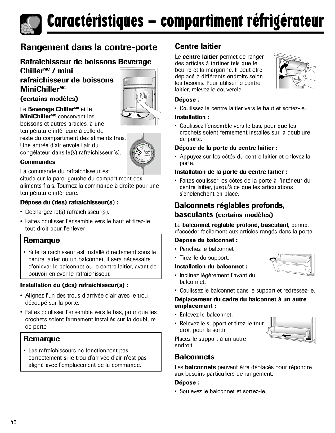 Amana ASD2624HEQ Centre laitier, Certains modèles, Balconnets réglables profonds, basculants certains modèles 